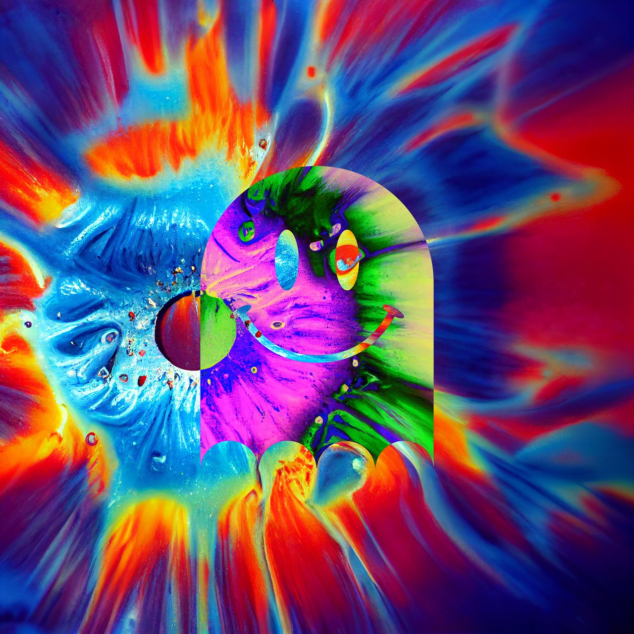 Abstract, colourful pattern with the Fast Ghost logo in it.