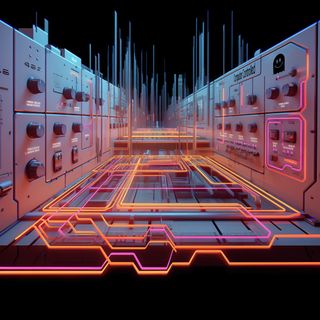 Kinda photographic image of what looks like the inside of a computer that runs on neon.