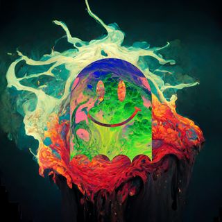 Abstract art with the Fast Ghost logo in it, it looks a bit like oil paint on water.