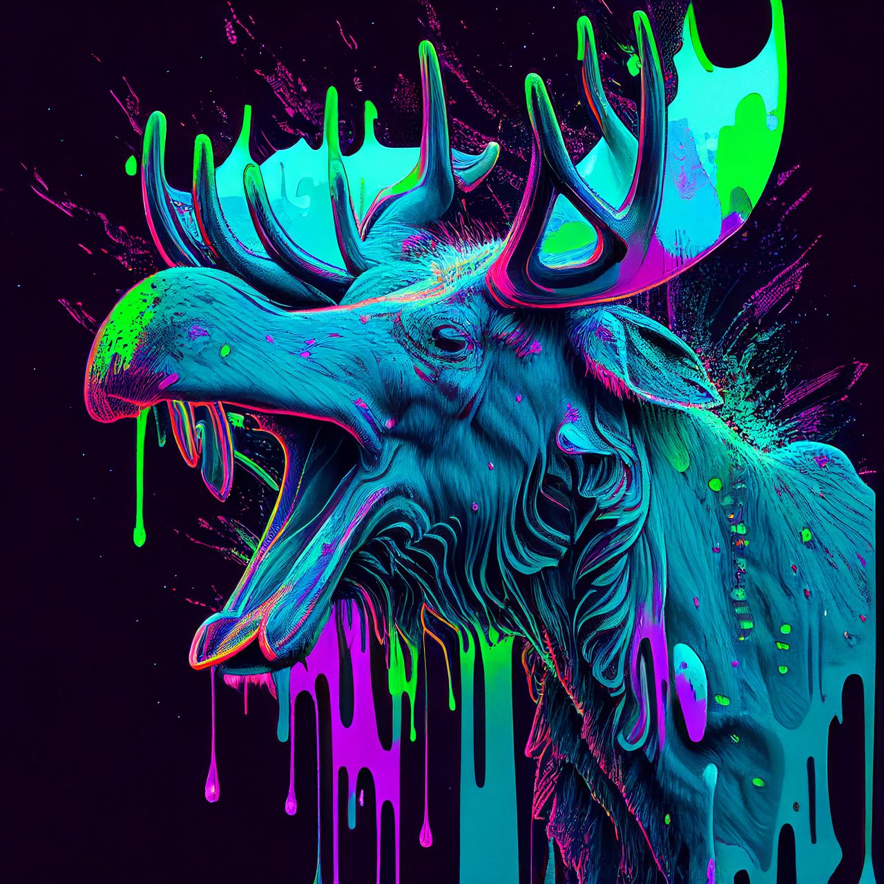 A neon illustration of a moose that's 93 sheets to the wind.