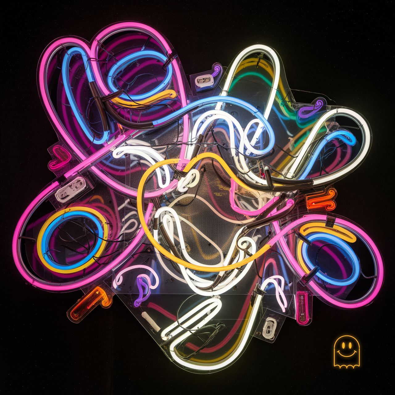 A twisted pile of neon strips.