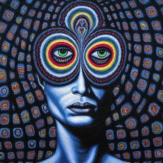 A bad trip image of a face with enormous psychedelic eyes.