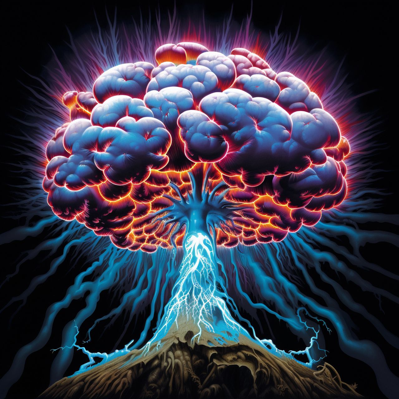 Neon mushroom cloud that also looks like a human brain.